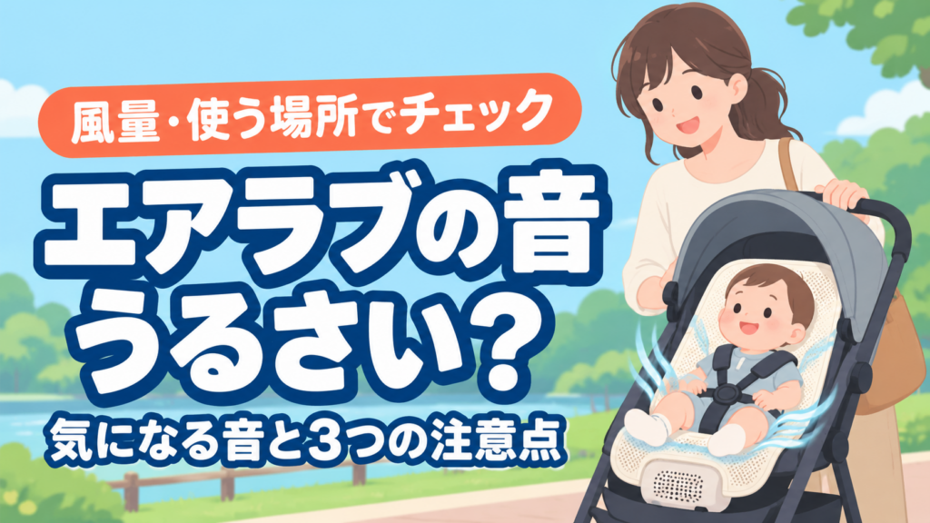 エアラブの音はうるさい？風量・使う場所と3つの注意点を紹介する親子とベビーカーのイラスト