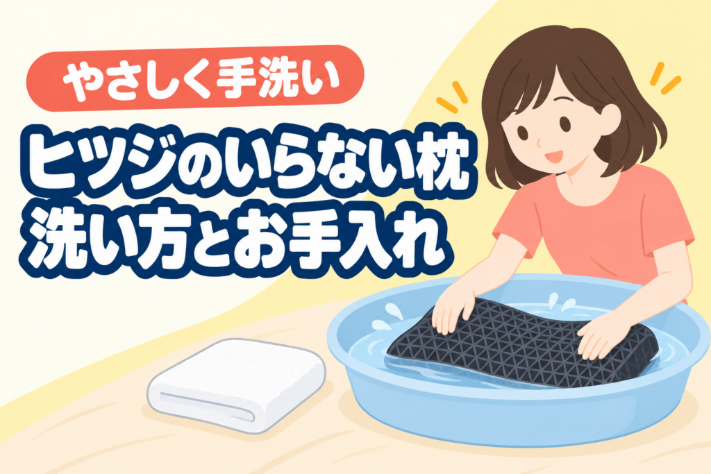 ヒツジのいらない枕を優しく手洗いするお手入れのイメージ