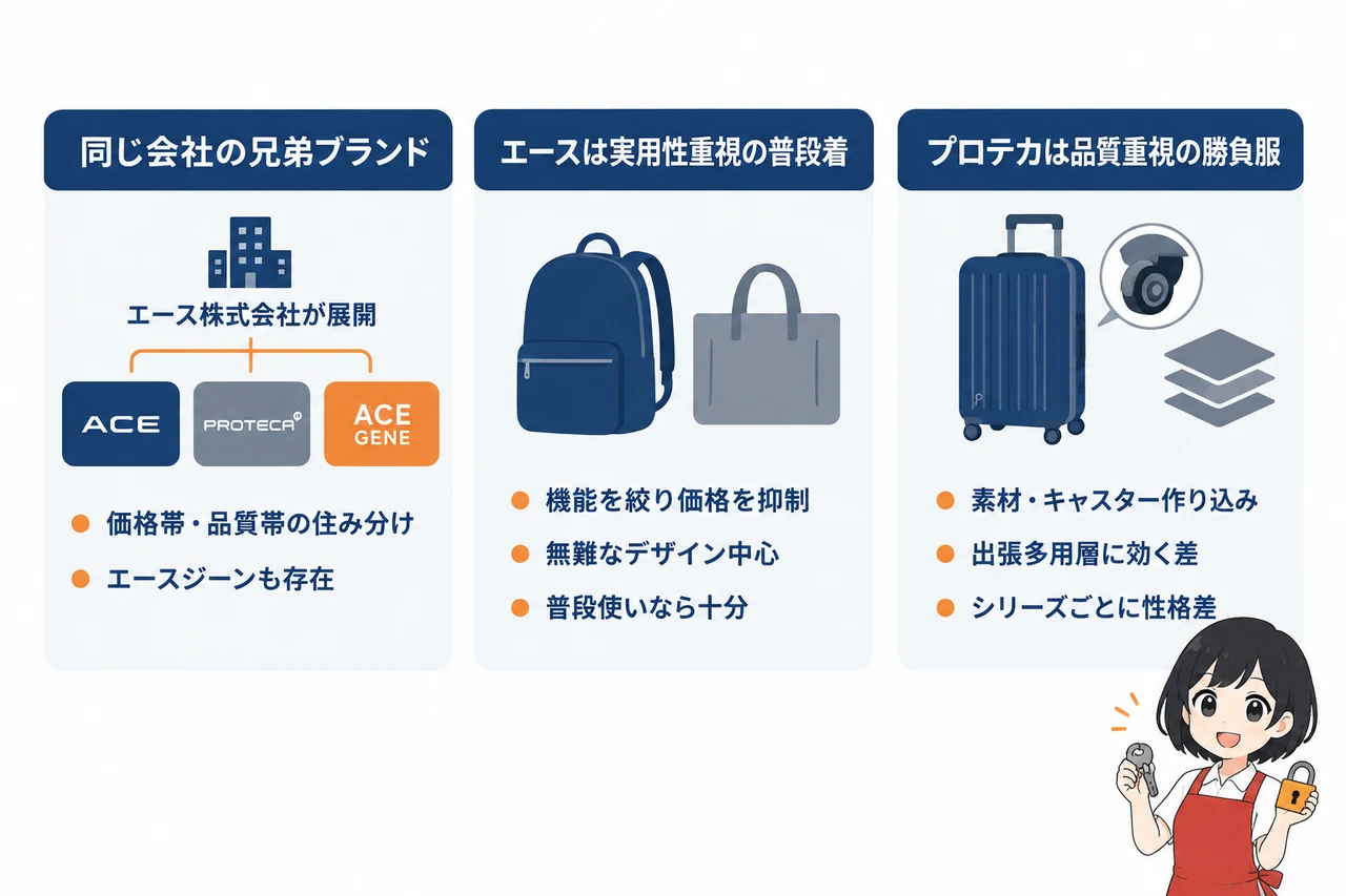エースとプロテカの違いとは？結論を先に解説の要点をまとめた図解（2ブランドは同じ会社の兄弟ブランド・エースは実用性重視の普段着・プロテカは品質重視の勝負服）