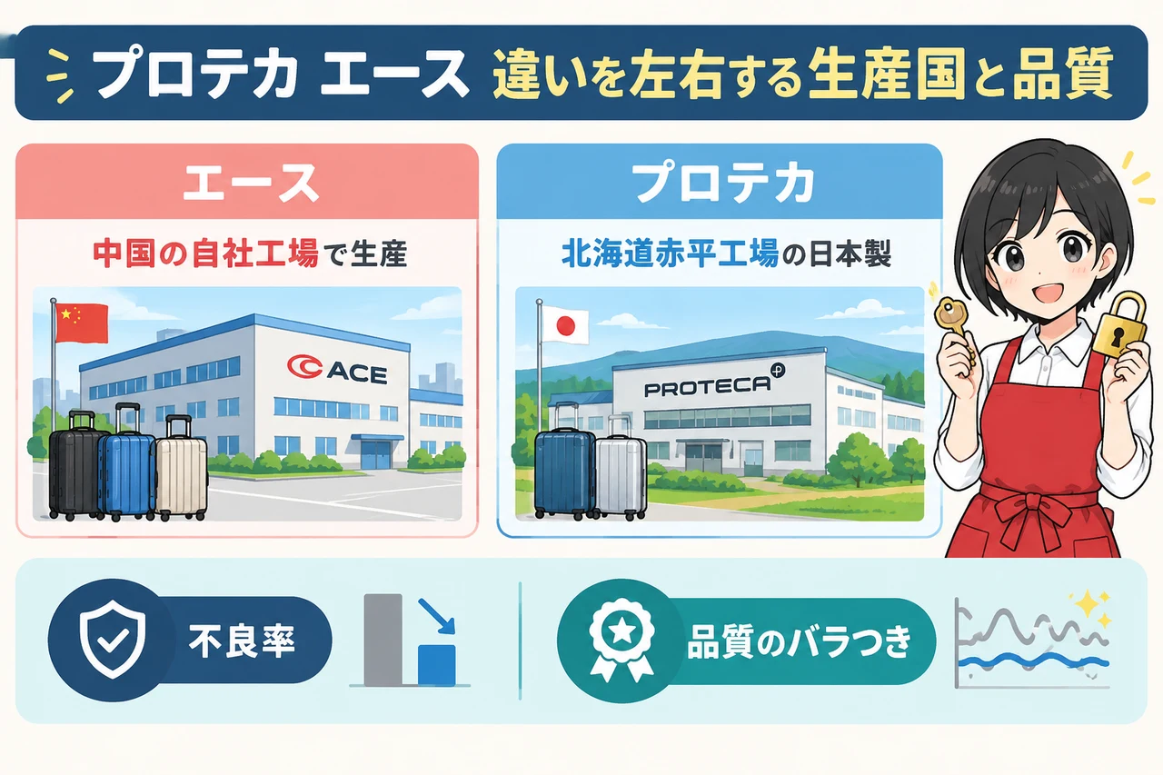 プロテカ エース 違いを左右する生産国と品質の要点をまとめた図解（エースは中国の自社工場で生産・プロテカは北海道赤平工場の日本製・不良率と品質のバラつきの差）