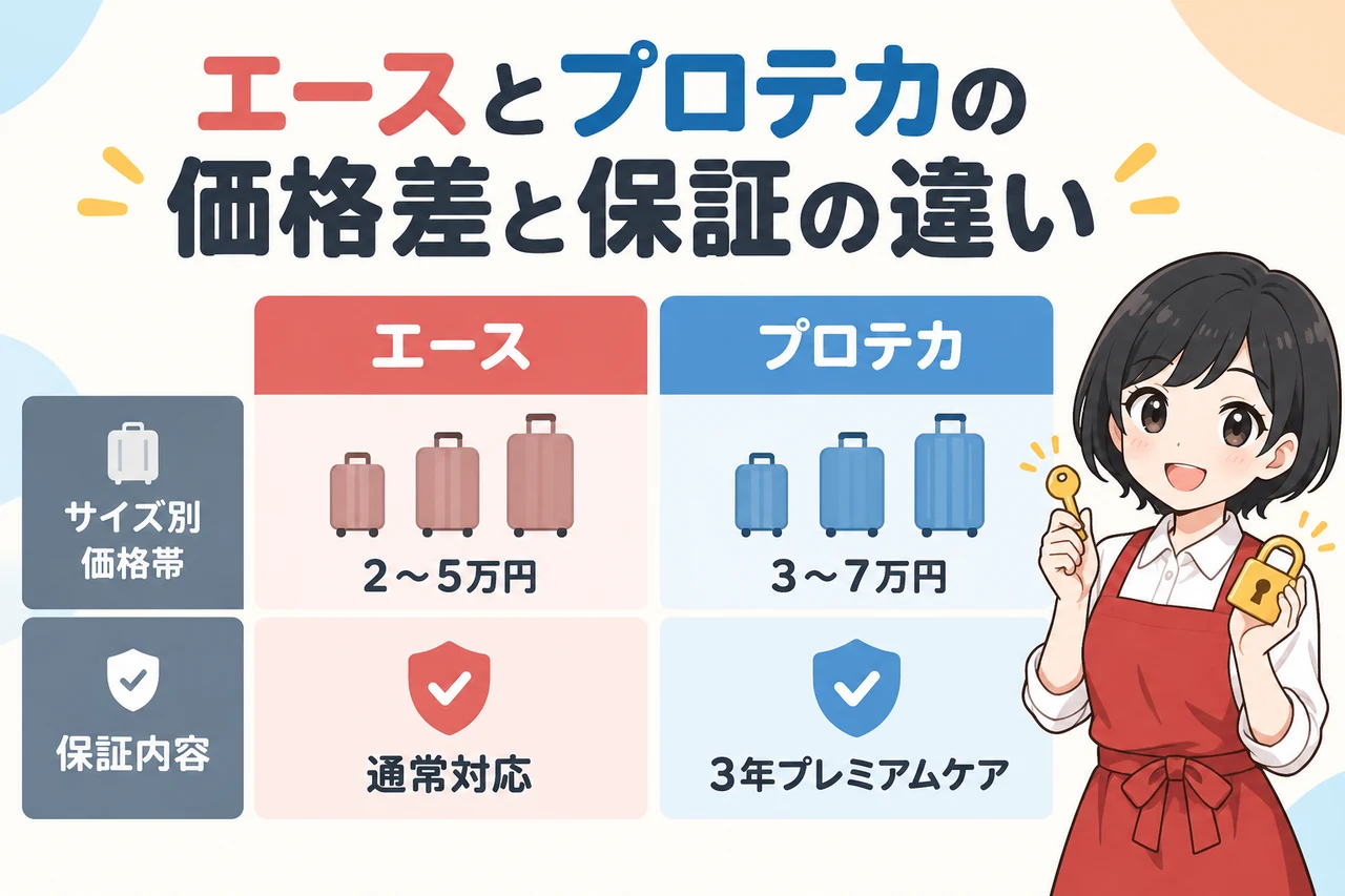 エースとプロテカの価格差と保証の違いの要点をまとめた図解（サイズ別の価格帯を比較・プロテカの3年プレミアムケア・エースの保証は通常対応）