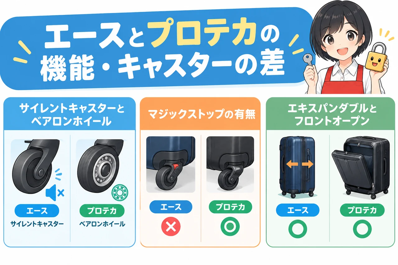 エースとプロテカの機能・キャスターの差の要点をまとめた図解（サイレントキャスターとベアロンホイール・マジックストップの有無・エキスパンダブルとフロントオープン）