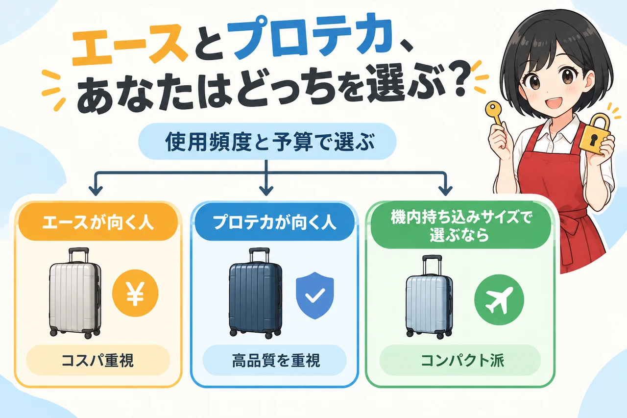 エースとプロテカ、あなたはどっちを選ぶ？の要点をまとめた図解（エースが向く人・プロテカが向く人・機内持ち込みサイズで選ぶなら）