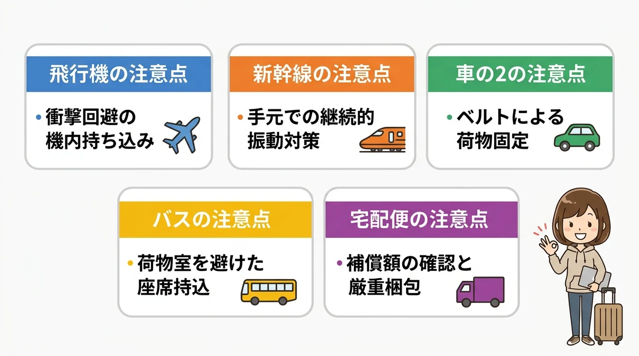 移動手段ごとのパソコン持ち運びの注意点