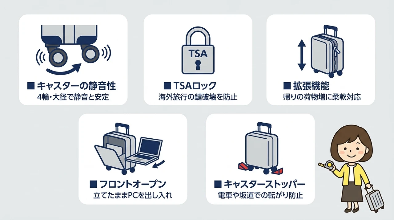 キャリーケース選びで見るべき機能と装備