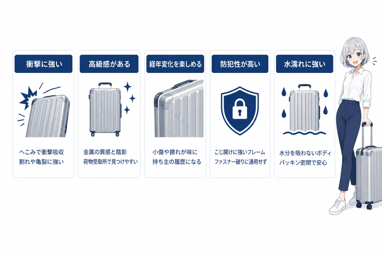 アルミ製スーツケースのメリットの要点をまとめた図解(衝撃に強い・高級感がある・経年変化を楽しめる)