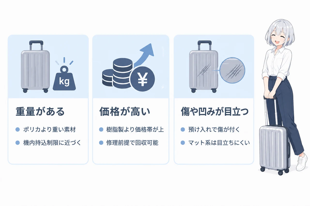 アルミ製スーツケースのデメリットの要点をまとめた図解(重量がある・価格が高い・傷や凹みが目立つ)