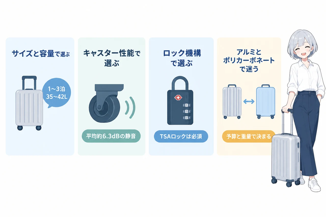 失敗しないアルミスーツケースの選び方の要点をまとめた図解(サイズと容量で選ぶ・キャスター性能で選ぶ・ロック機構で選ぶ)