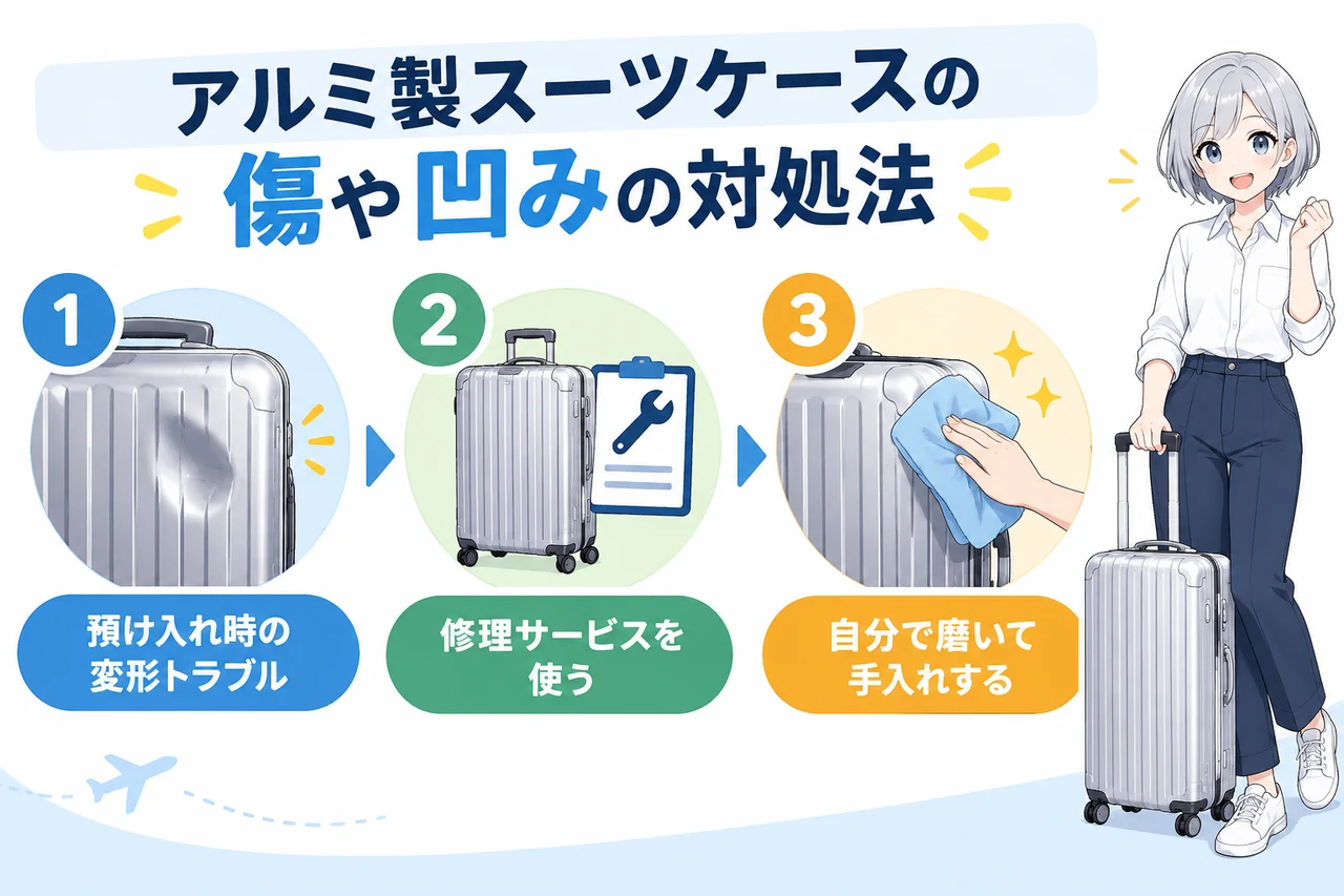 アルミ製スーツケースの傷や凹みの対処法の要点をまとめた図解(預け入れ時の変形トラブル・修理サービスを使う・自分で磨いて手入れする)