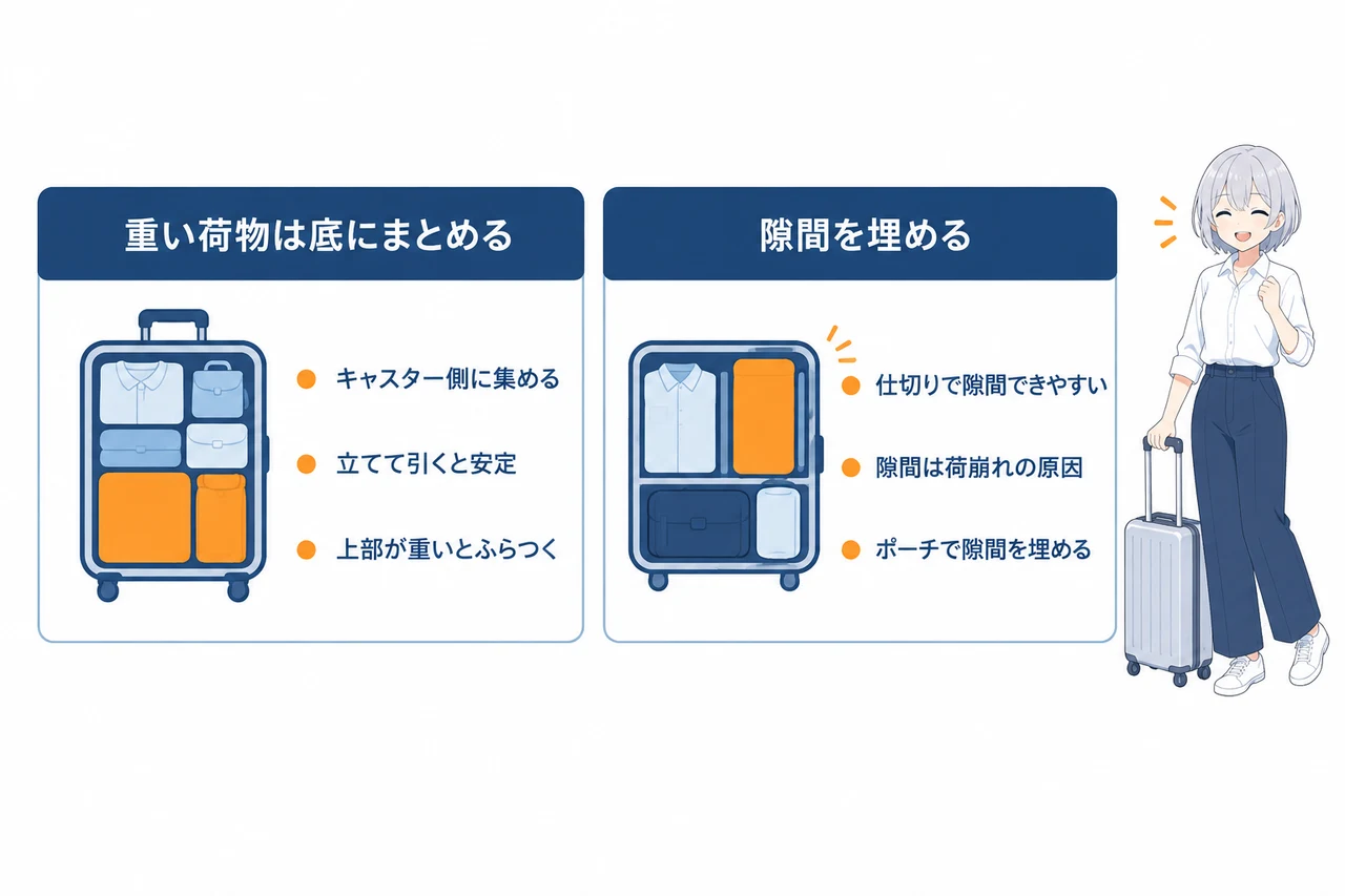 アルミスーツケースのパッキングのコツの要点をまとめた図解(重い荷物は底にまとめる・隙間を埋める)