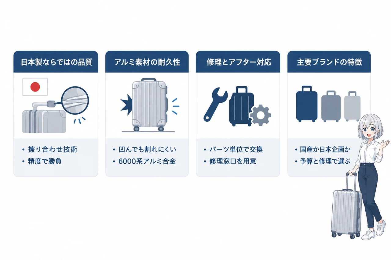 日本製アルミスーツケースの魅力と選び方の要点をまとめた図解(日本製ならではの品質・アルミ素材の耐久性・修理とアフター対応)
