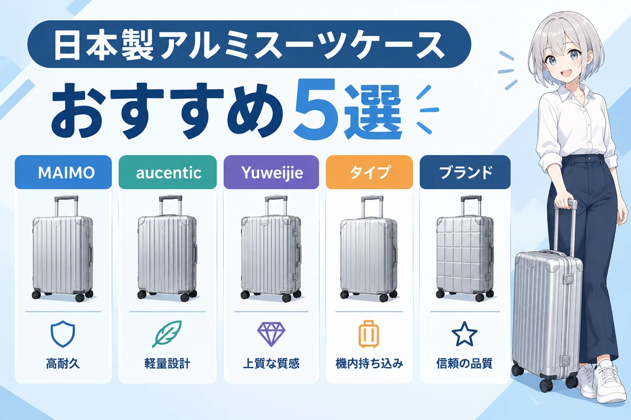 日本製アルミスーツケースおすすめ5選の要点をまとめた図解(MAIMO・aucentic・Yuweijie)