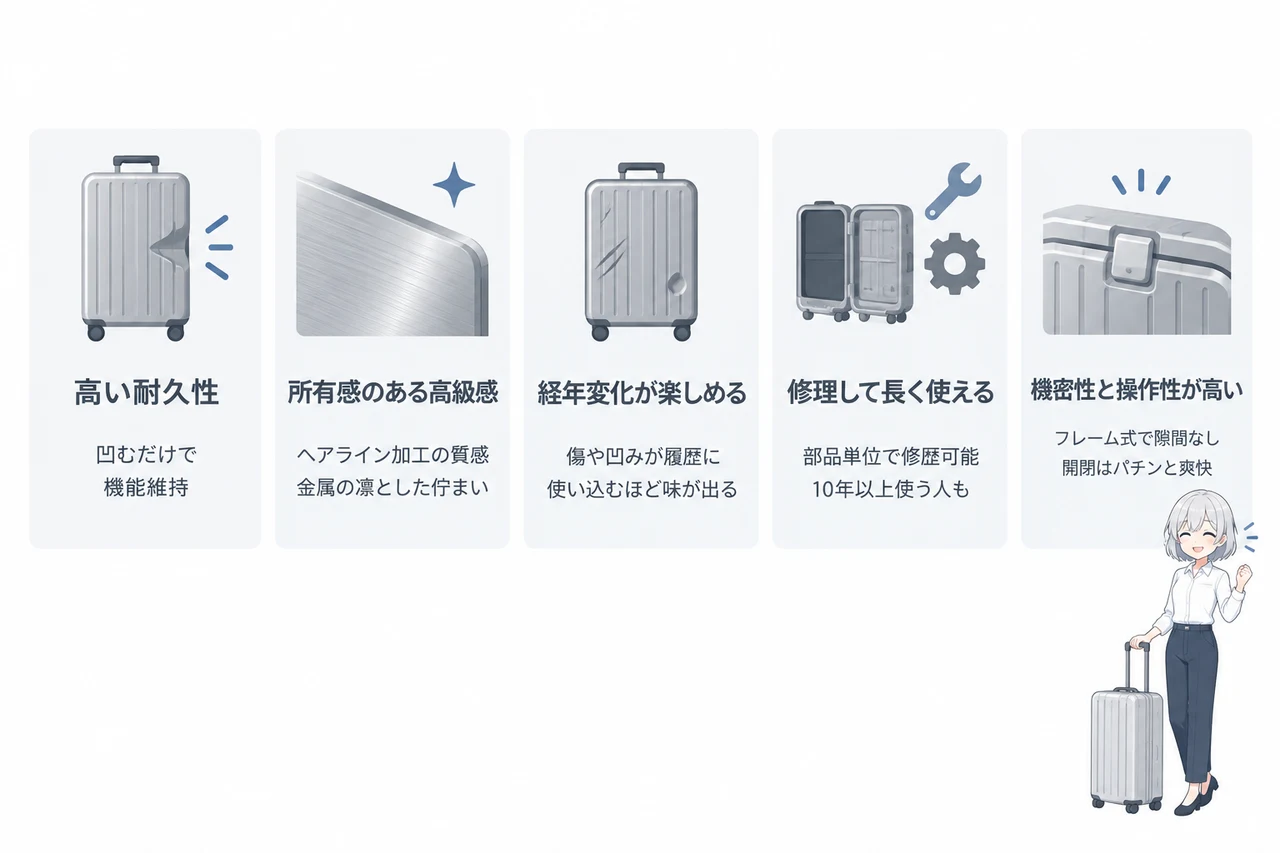 日本製アルミスーツケースのメリットの要点をまとめた図解(高い耐久性・所有感のある高級感・経年変化が楽しめる)