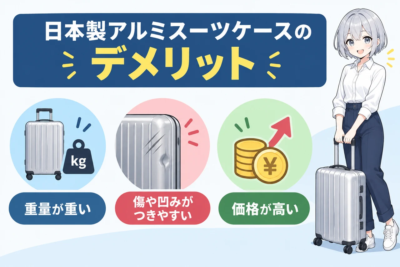 日本製アルミスーツケースのデメリットの要点をまとめた図解(重量が重い・傷や凹みがつきやすい・価格が高い)