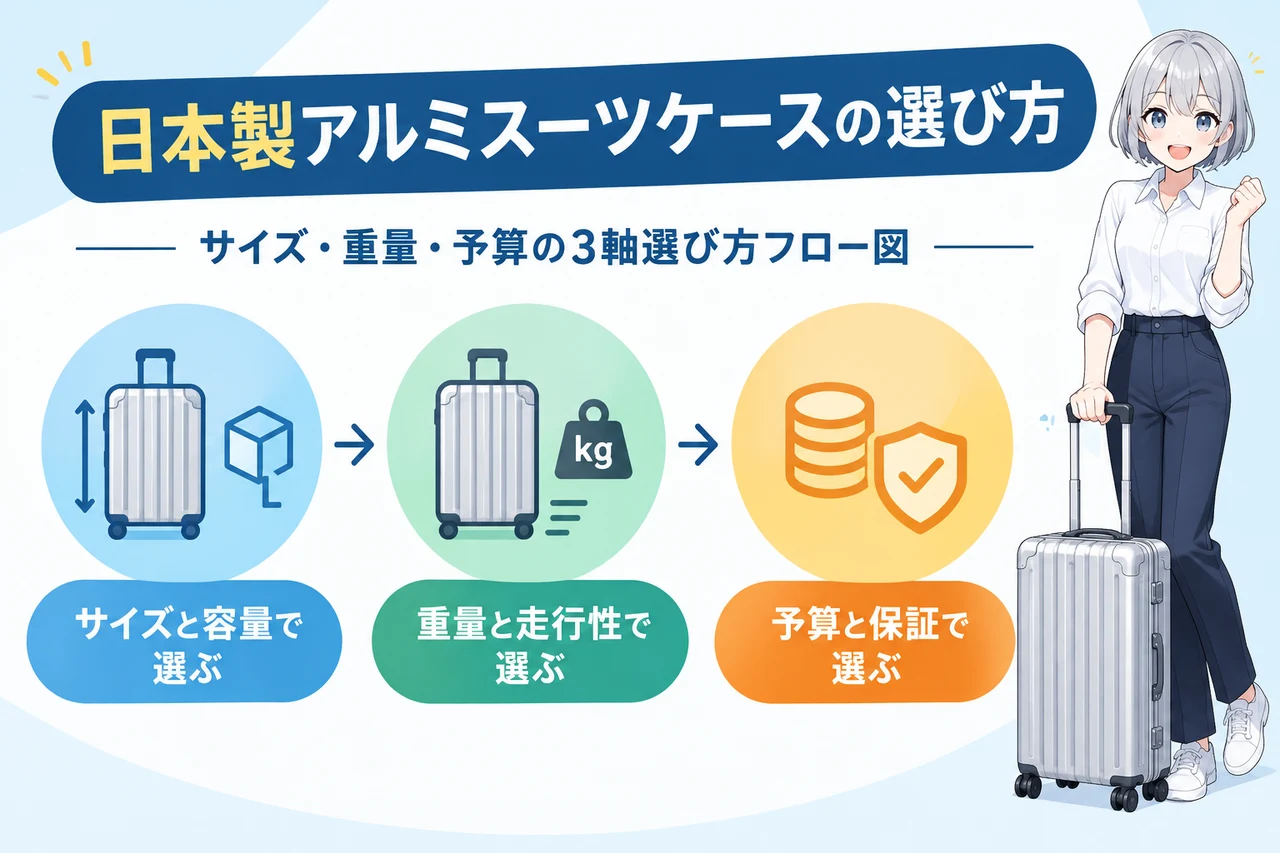 日本製アルミスーツケースの選び方の要点をまとめた図解(サイズと容量で選ぶ・重量と走行性で選ぶ・予算と保証で選ぶ)