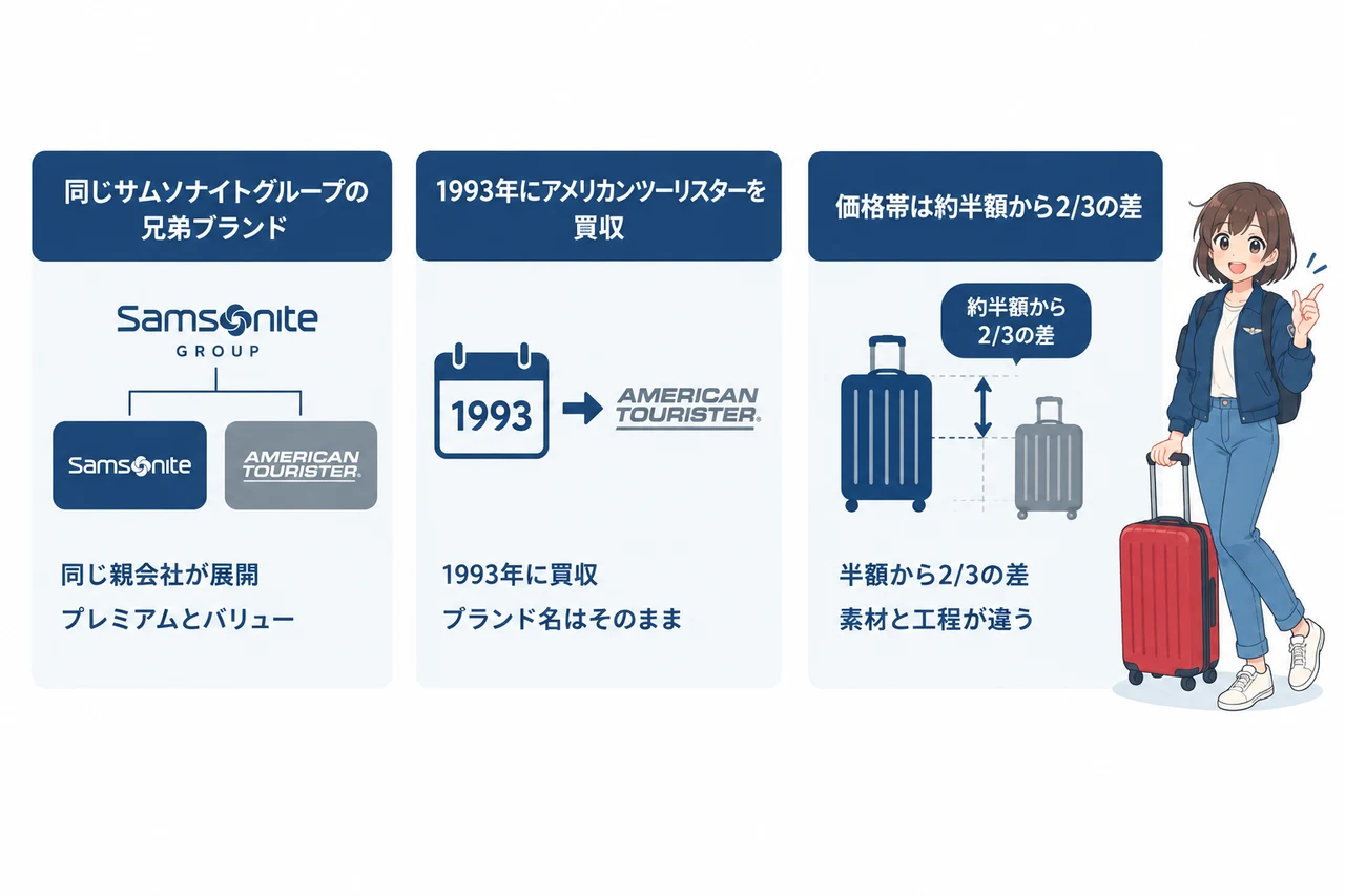アメリカンツーリスターとサムソナイトの違いとはの要点をまとめた図解（同じサムソナイトグループの兄弟ブランド・1993年にアメリカンツーリスターを買収・価格帯は約半額から2/3の差）