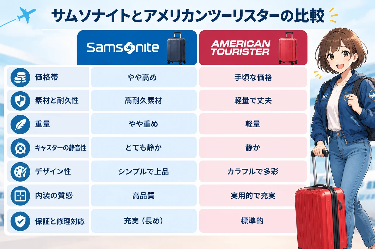 サムソナイトとアメリカンツーリスターの比較の要点をまとめた図解（価格帯・素材と耐久性・重量）