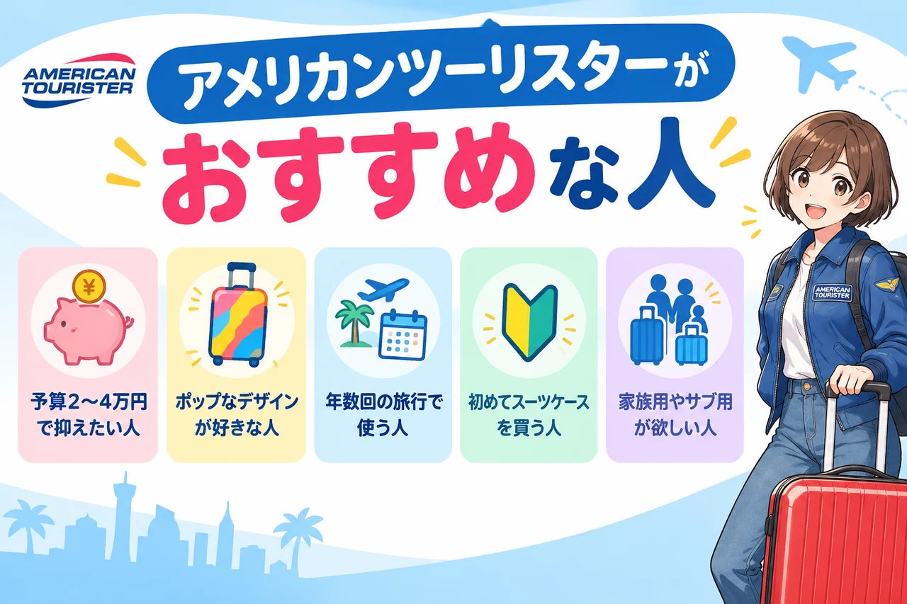 アメリカンツーリスターがおすすめな人の要点をまとめた図解（予算2〜4万円で抑えたい人・ポップなデザインが好きな人・年数回の旅行で使う人）