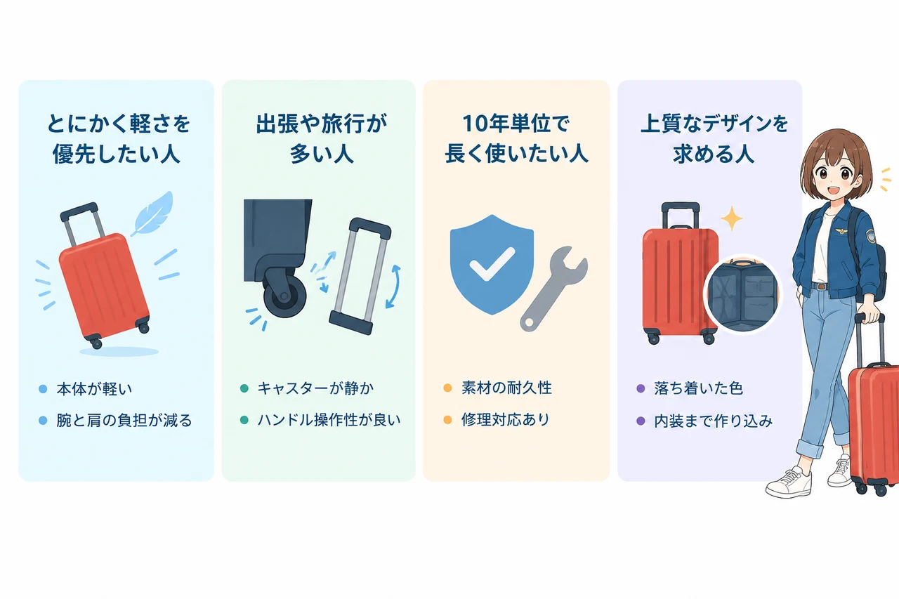 サムソナイトがおすすめな人の要点をまとめた図解（とにかく軽さを優先したい人・出張や旅行が多い人・10年単位で長く使いたい人）