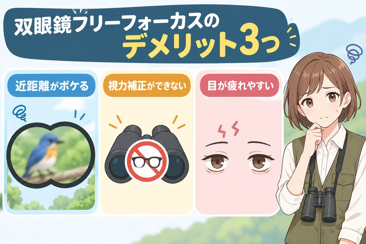 双眼鏡フリーフォーカスのデメリット3つの要点をまとめた図解（近距離がボケる・視力補正ができない・目が疲れやすい）