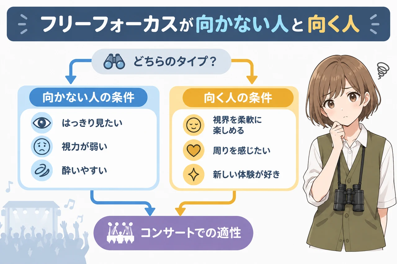 フリーフォーカスが向かない人と向く人の要点をまとめた図解（向かない人の条件・向く人の条件・コンサートでの適性）