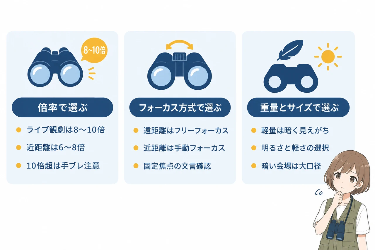 失敗しない双眼鏡の選び方の要点をまとめた図解（倍率で選ぶ・フォーカス方式で選ぶ・重量とサイズで選ぶ）