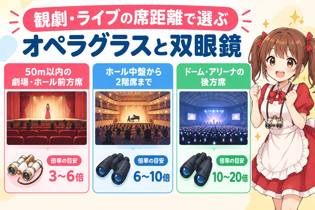 観劇・ライブの席距離で選ぶオペラグラスと双眼鏡の要点をまとめた図解(50m以内の劇場・ホール前方席・ホール中盤から2階席まで・ドーム・アリーナの後方席)