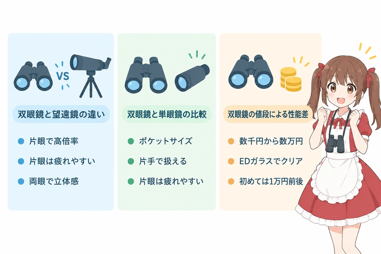 双眼鏡とオペラグラス以外の選択肢との違いの要点をまとめた図解(双眼鏡と望遠鏡の違い・双眼鏡と単眼鏡の比較・双眼鏡の値段による性能差)