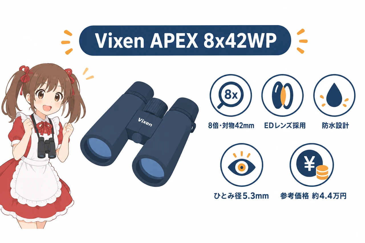 観劇・ライブ向け双眼鏡のおすすめ1選の要点をまとめた図解(Vixen APEX 8x42WP)
