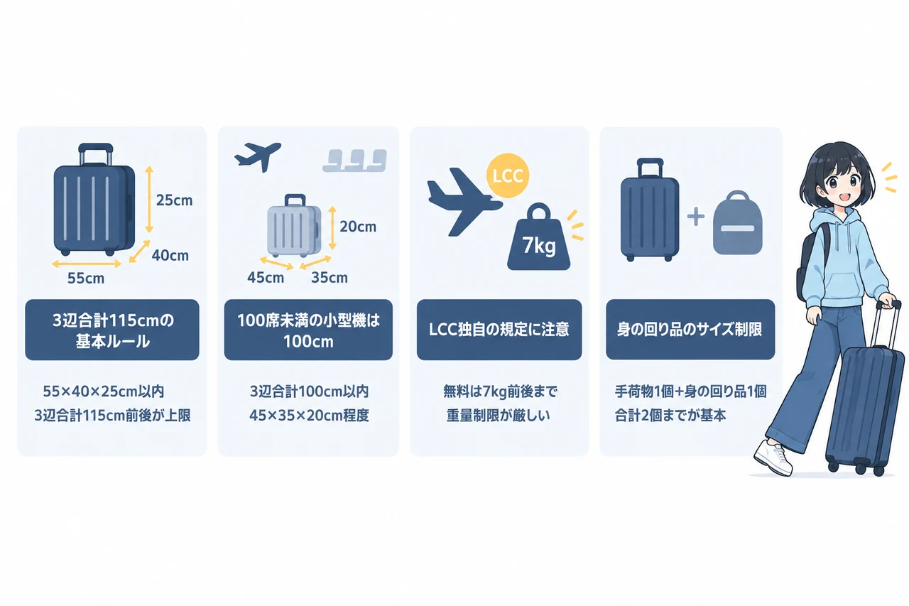 キャリーケースの機内持ち込み最大サイズとはの要点をまとめた図解（3辺合計115cmの基本ルール・100席未満の小型機は100cm・LCC独自の規定に注意）