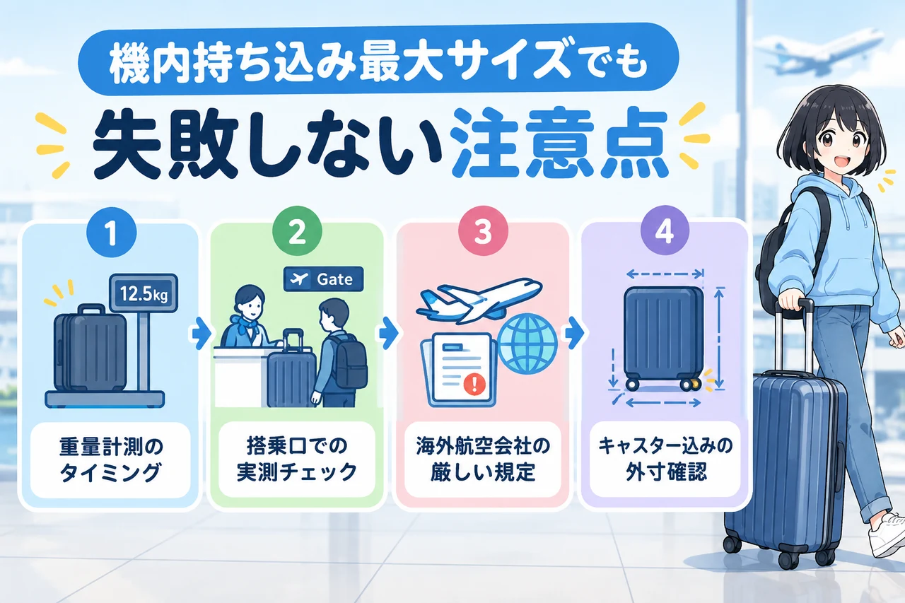 機内持ち込み最大サイズでも失敗しない注意点の要点をまとめた図解（重量計測のタイミング・搭乗口での実測チェック・海外航空会社の厳しい規定）