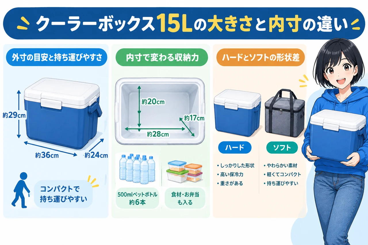 クーラーボックス15Lの大きさと内寸の違いの要点をまとめた図解（外寸の目安と持ち運びやすさ・内寸で変わる収納力・ハードとソフトの形状差）