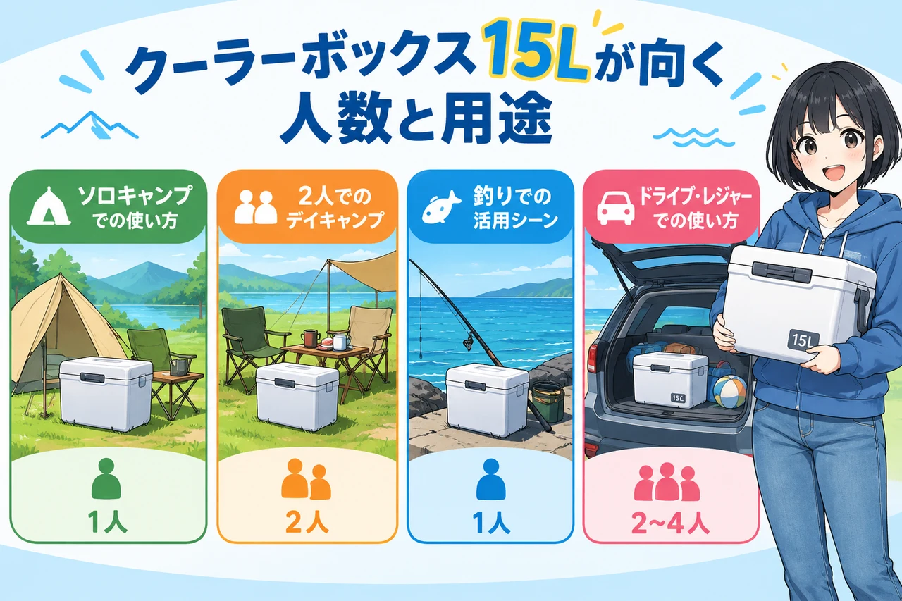 クーラーボックス15Lが向く人数と用途の要点をまとめた図解（ソロキャンプでの使い方・2人でのデイキャンプ・釣りでの活用シーン）