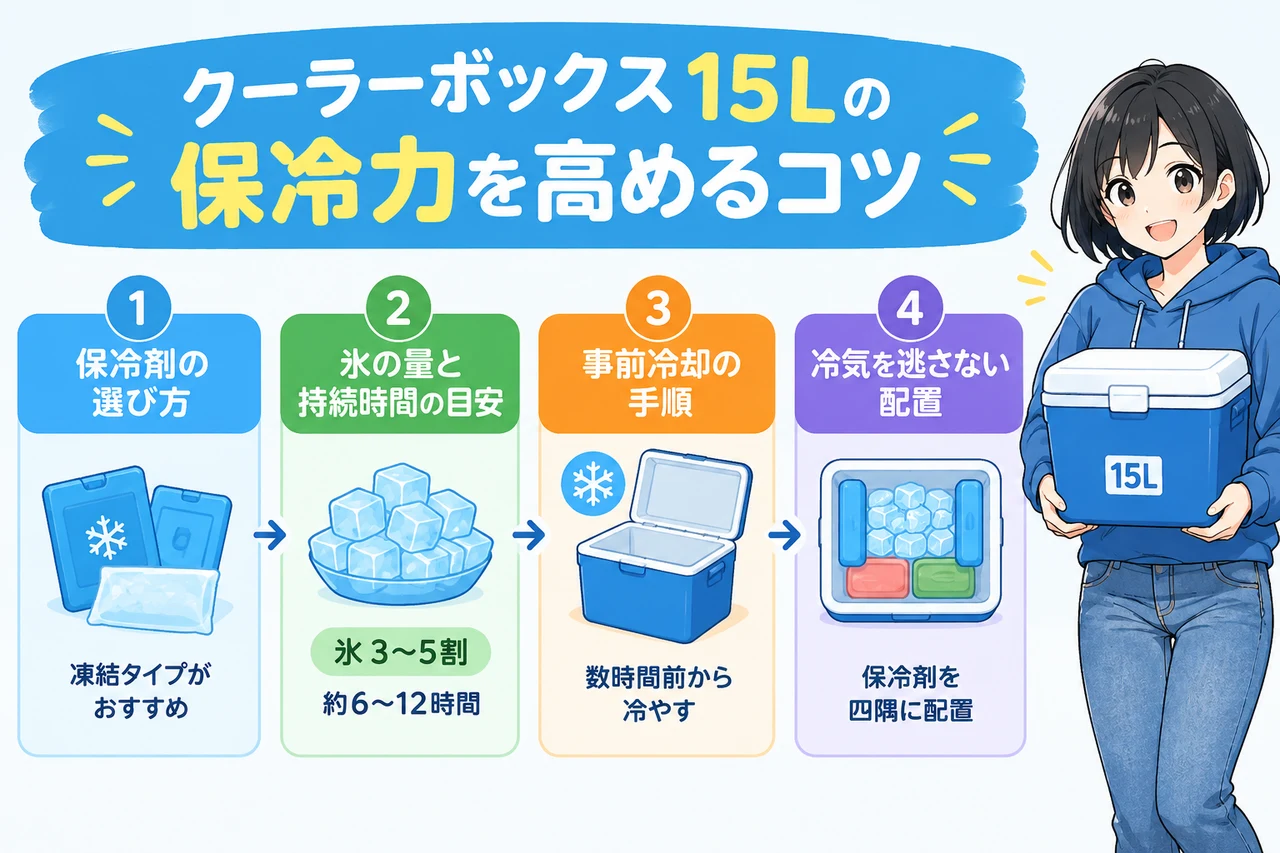 クーラーボックス15Lの保冷力を高めるコツの要点をまとめた図解（保冷剤の選び方・氷の量と持続時間の目安・事前冷却の手順）