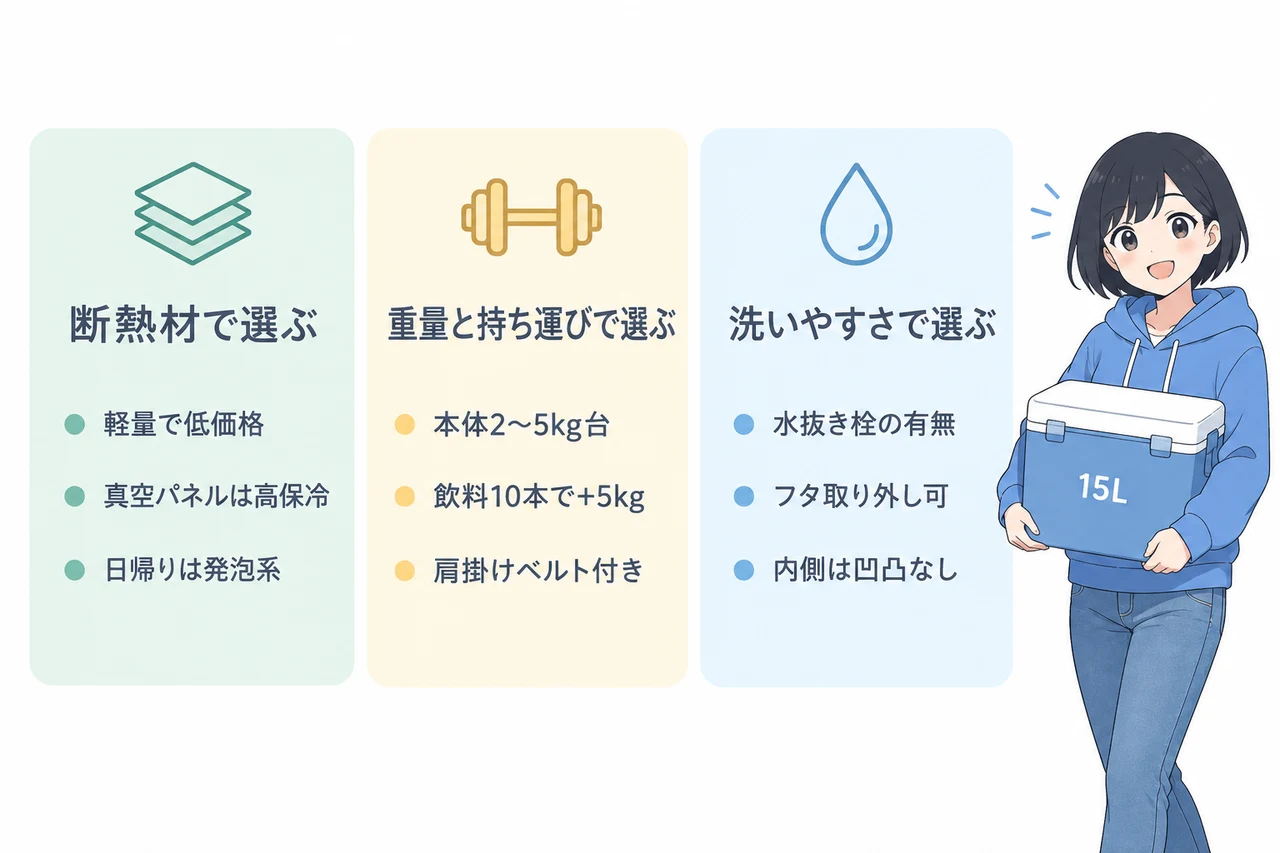 クーラーボックス15Lの選び方と注意点の要点をまとめた図解（断熱材で選ぶ・重量と持ち運びで選ぶ・洗いやすさで選ぶ）