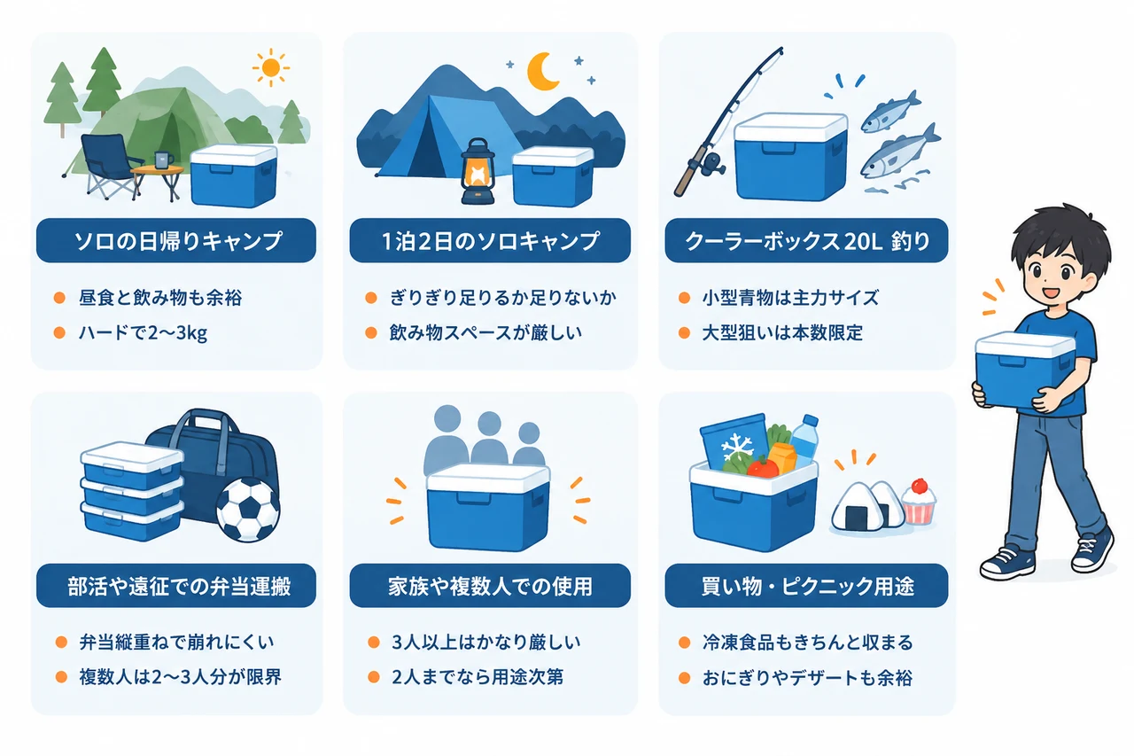 20Lが向いている人・物足りない人の条件分岐の要点をまとめた図解(ソロの日帰りキャンプ・1泊2日のソロキャンプ・クーラーボックス20L 釣り)
