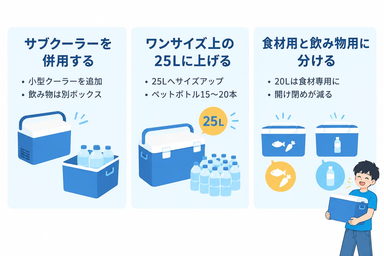 20Lで足りないと感じたときの対処法の要点をまとめた図解(サブクーラーを併用する・ワンサイズ上の25Lに上げる・食材用と飲み物用に分ける)