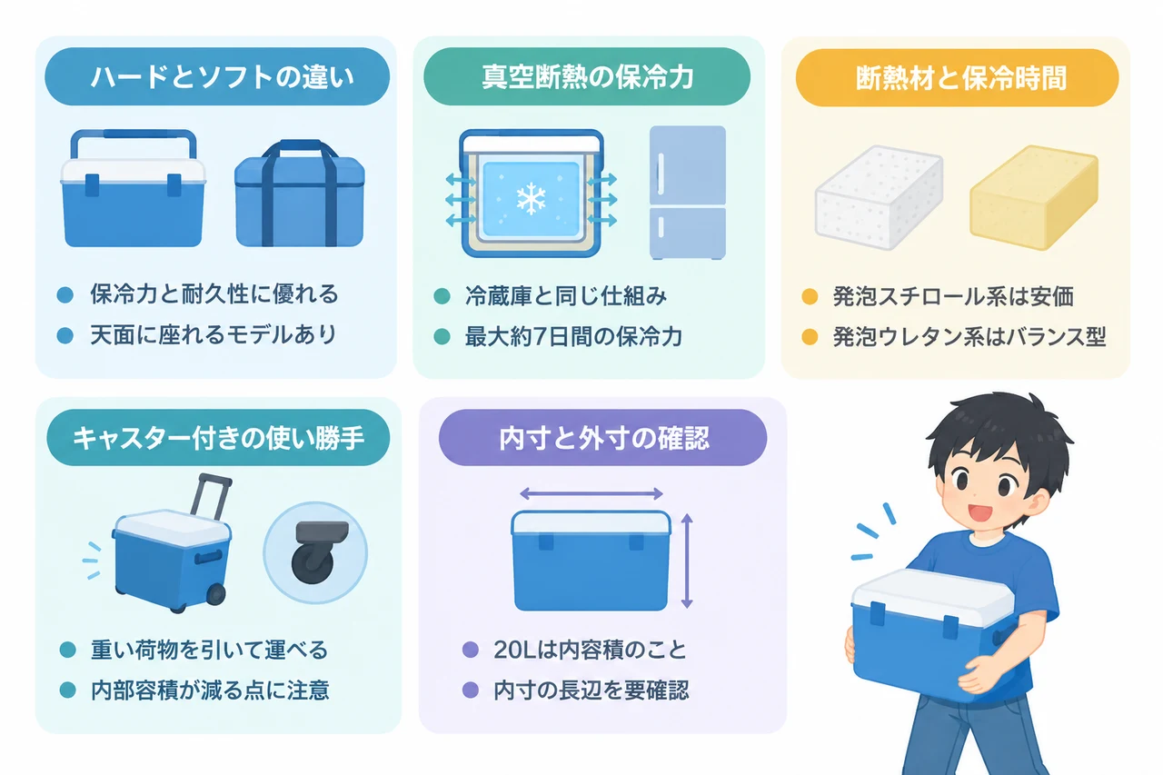 クーラーボックス20L サイズを選ぶときの比較ポイントの要点をまとめた図解(ハードタイプとソフトタイプの違い・クーラーボックス20L 真空断熱の保冷力・断熱材の種類と保冷時間)