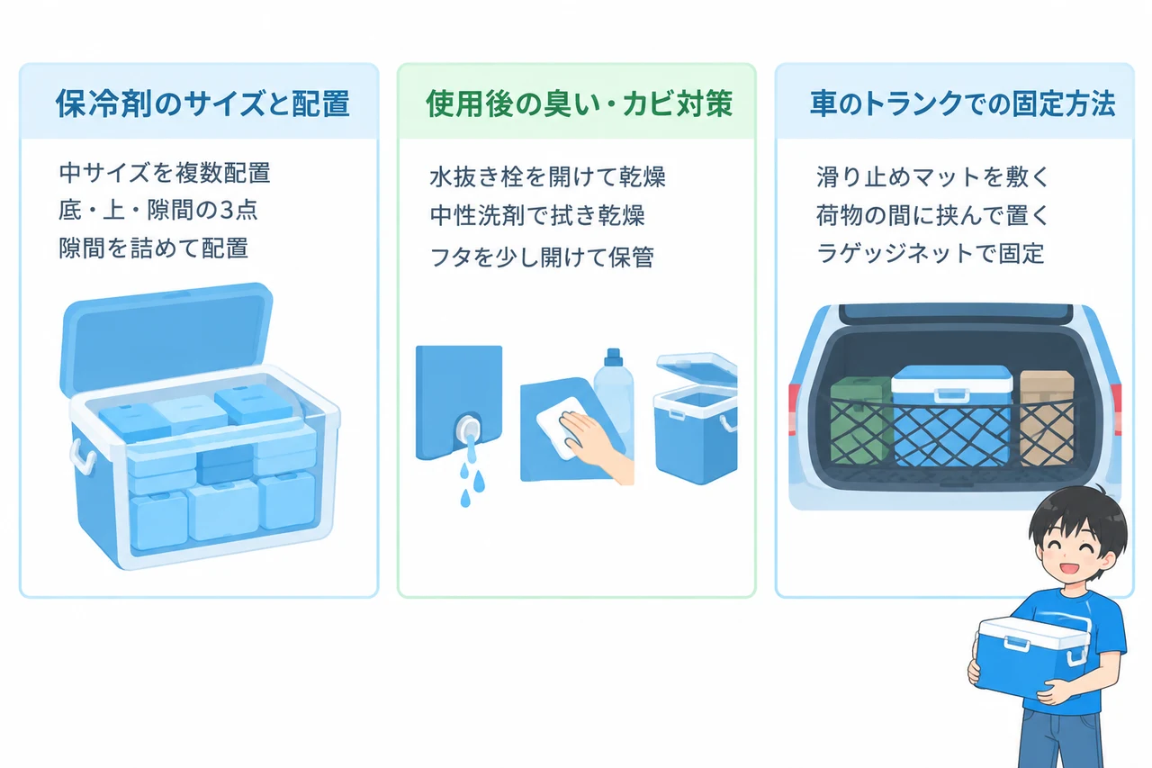 20Lクーラーボックスを長く使うメンテナンスと積載のコツの要点をまとめた図解(保冷剤のサイズと配置・使用後の臭い・カビ対策・車のトランクでの固定方法)