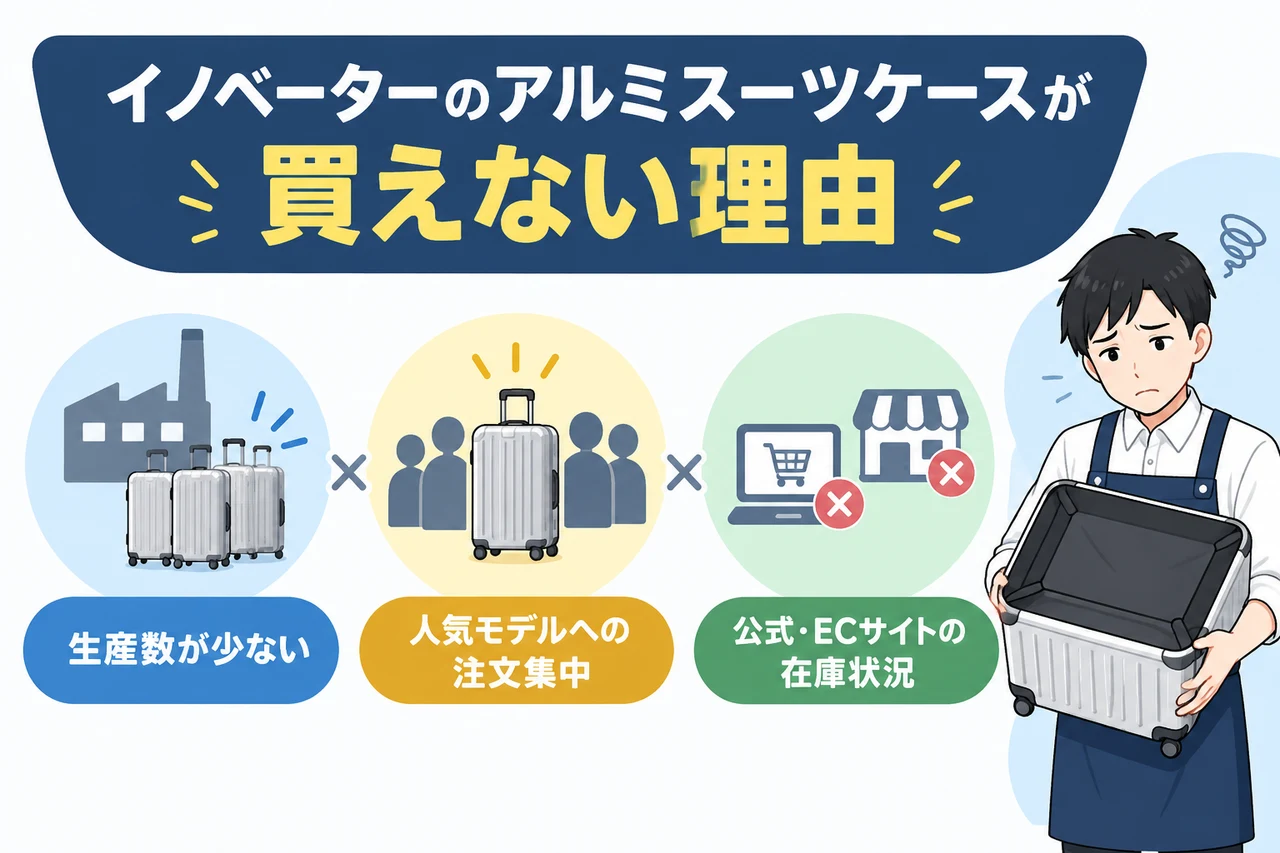 イノベーターのアルミスーツケースが買えない理由の要点をまとめた図解（生産数が少ない・人気モデルへの注文集中・公式・ECサイトの在庫状況）