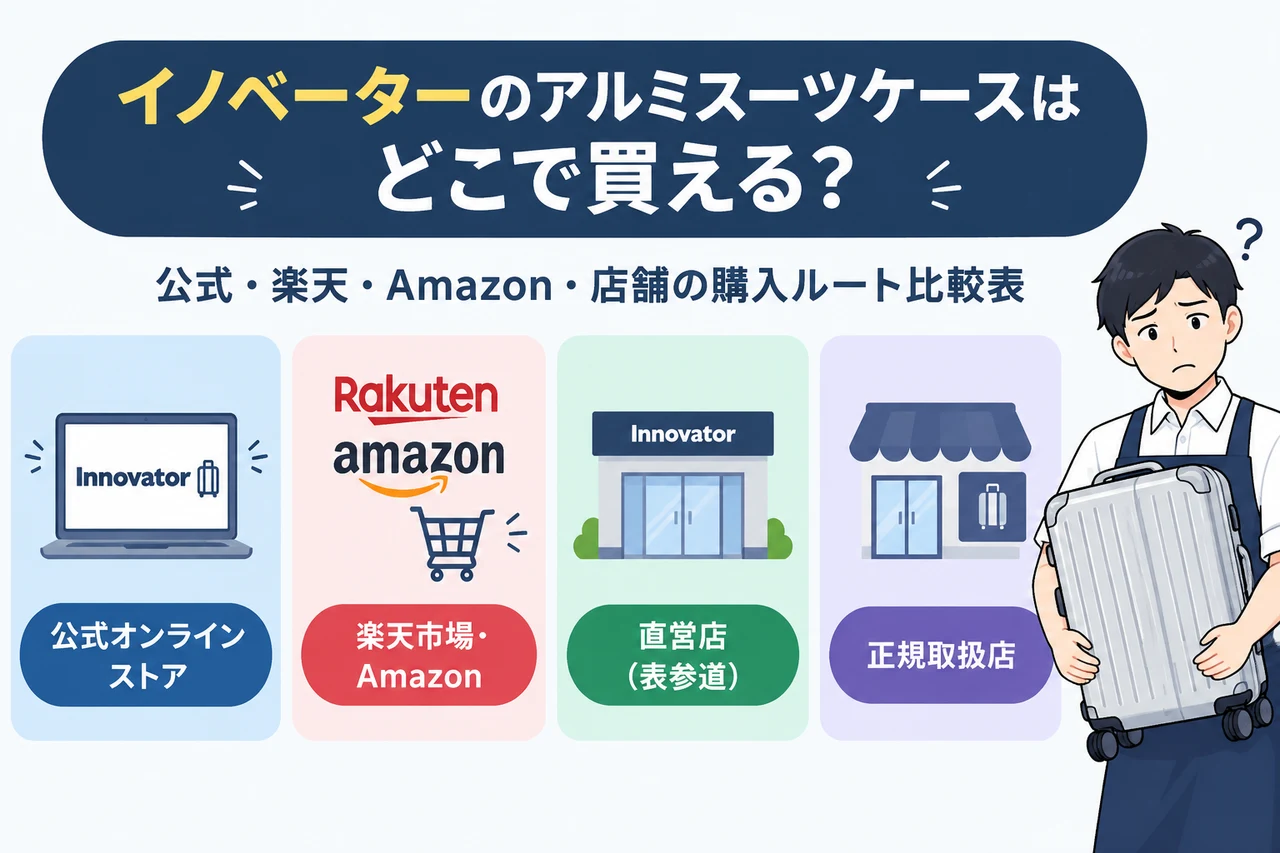 イノベーターのアルミスーツケースはどこで買える？の要点をまとめた図解（公式オンラインストア・楽天市場・Amazon・直営店（表参道））