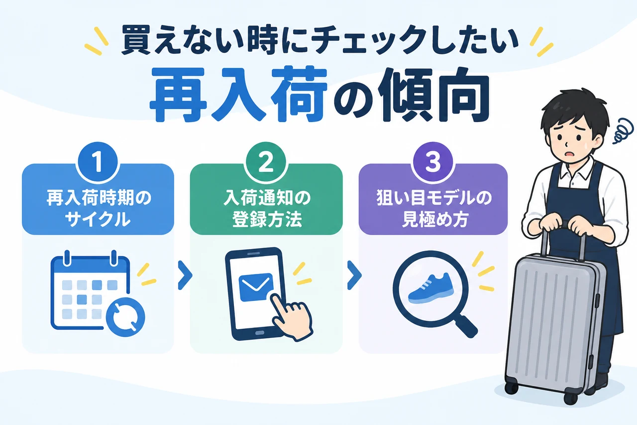 買えない時にチェックしたい再入荷の傾向の要点をまとめた図解（再入荷時期のサイクル・入荷通知の登録方法・狙い目モデルの見極め方）