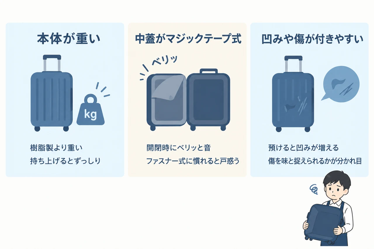 イノベーターのアルミスーツケースのデメリットの要点をまとめた図解（本体が重い・中蓋がマジックテープ式・凹みや傷が付きやすい）