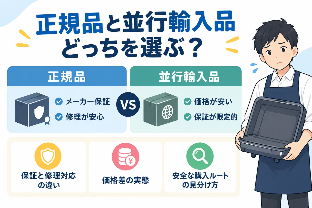 正規品と並行輸入品どっちを選ぶ？の要点をまとめた図解（保証と修理対応の違い・価格差の実態・安全な購入ルートの見分け方）