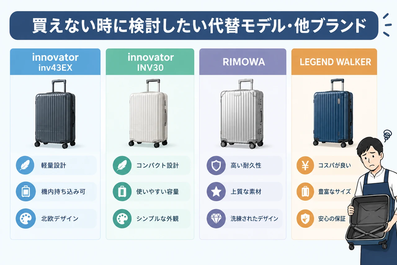 買えない時に検討したい代替モデル・他ブランドの要点をまとめた図解（innovator inv43EX・innovator INV30・RIMOWA）