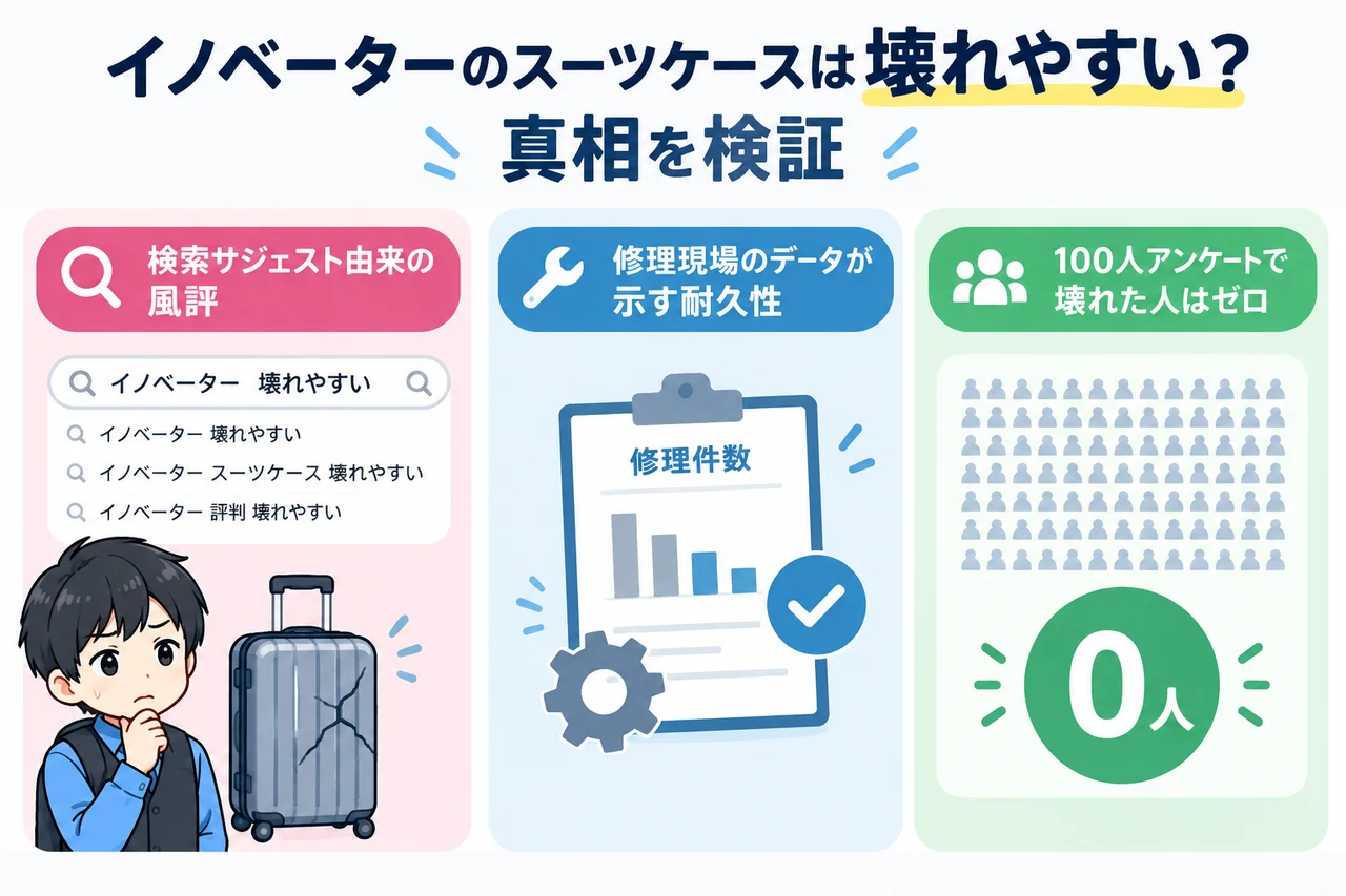 イノベーターのスーツケースは壊れやすい?真相を検証の要点をまとめた図解(「壊れやすい」は検索サジェスト由来の風評・修理現場のデータが示す耐久性・100人アンケートで壊れた人はゼロ)