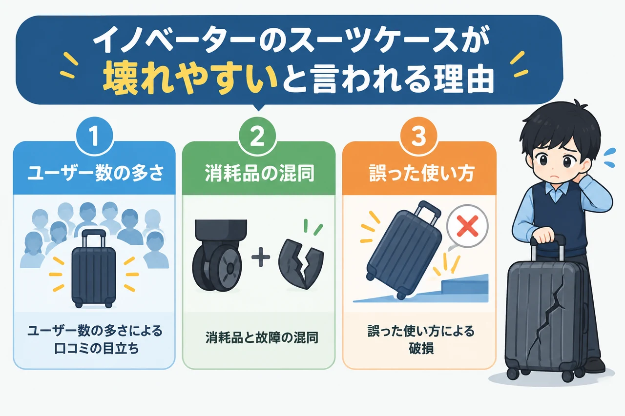 イノベーターのスーツケースが壊れやすいと言われる理由の要点をまとめた図解(ユーザー数の多さによる口コミの目立ち・消耗品と故障の混同・誤った使い方による破損)