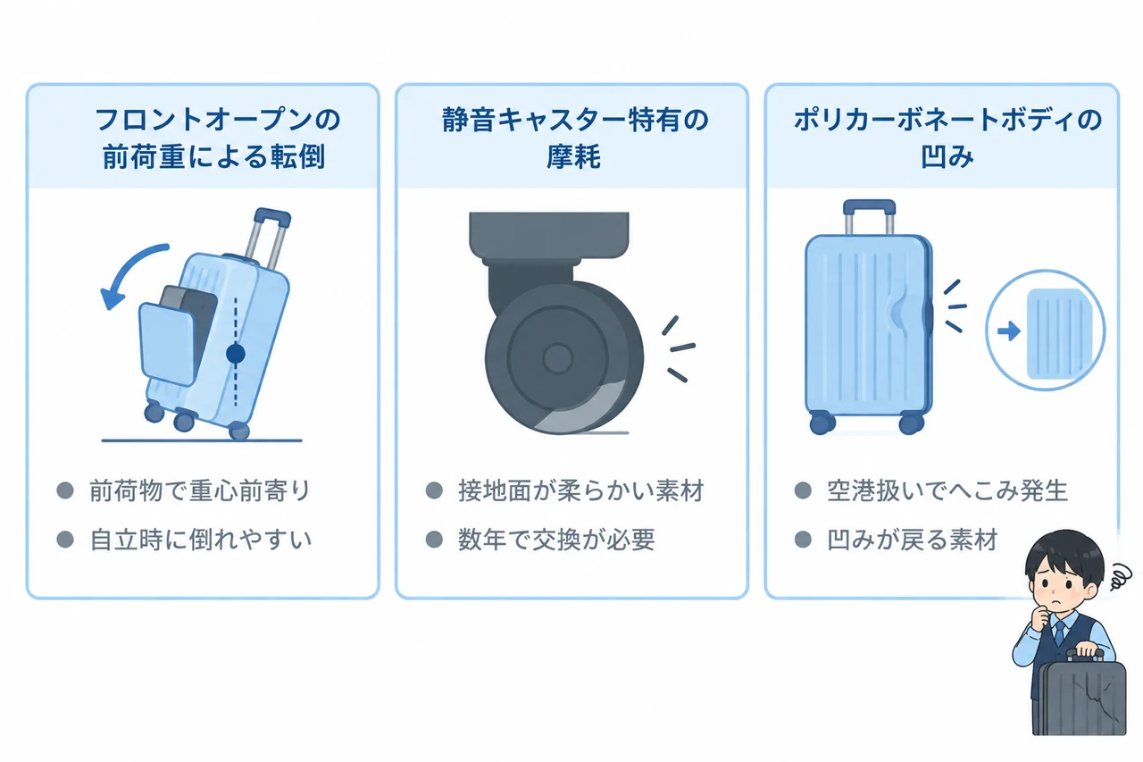イノベーターのスーツケースに見られる3つの弱点の要点をまとめた図解(フロントオープンの前荷重による転倒・静音キャスター特有の摩耗・ポリカーボネートボディの凹み)