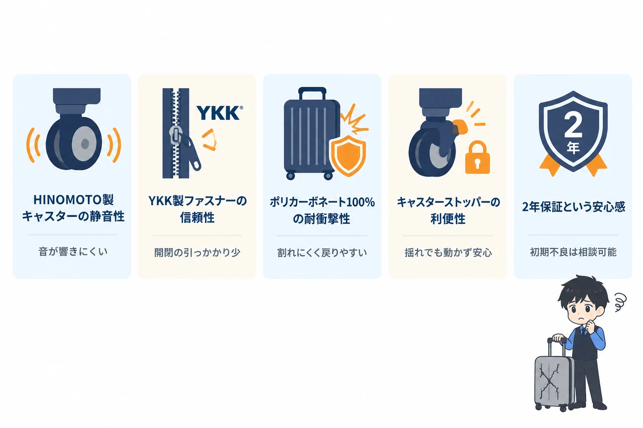 イノベーターのスーツケースが選ばれる5つの理由の要点をまとめた図解(HINOMOTO製キャスターの静音性・YKK製ファスナーの信頼性・ポリカーボネート100%の耐衝撃性)