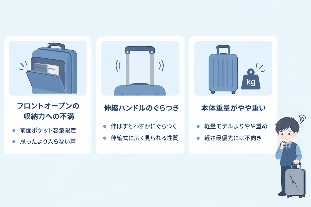 イノベーターのスーツケースの悪い口コミの要点をまとめた図解(フロントオープンの収納力への不満・伸縮ハンドルのぐらつき・本体重量がやや重い)